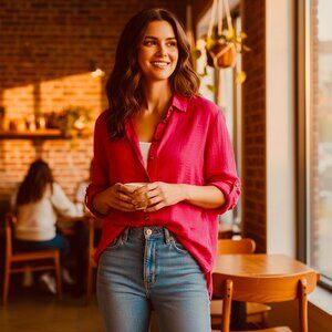 Neon Buddha Stepping Out Button Up Tunic Top L Pink #69C